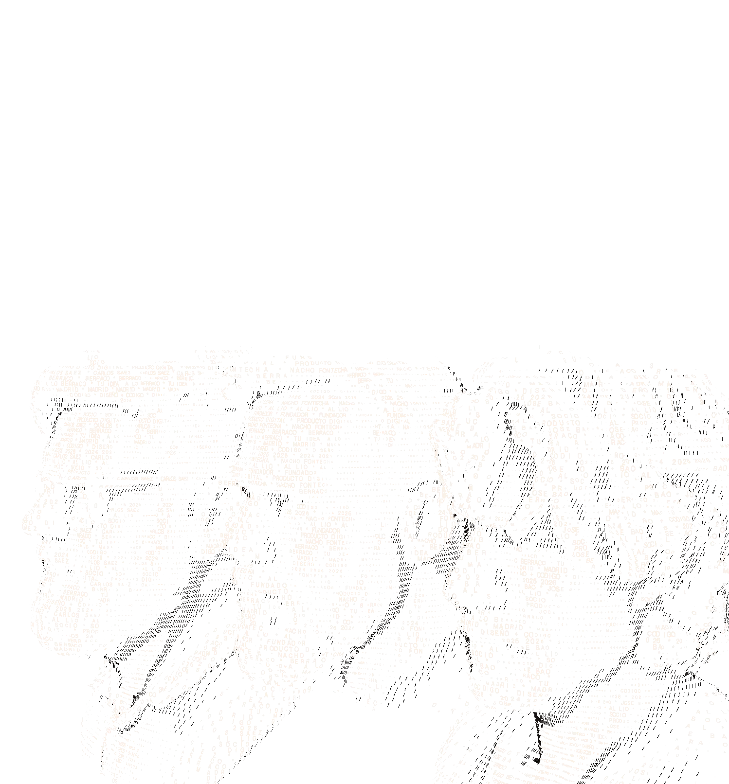 Carlos, Nacho, and Jose from Berraco, drawn in profile as busts made of letters