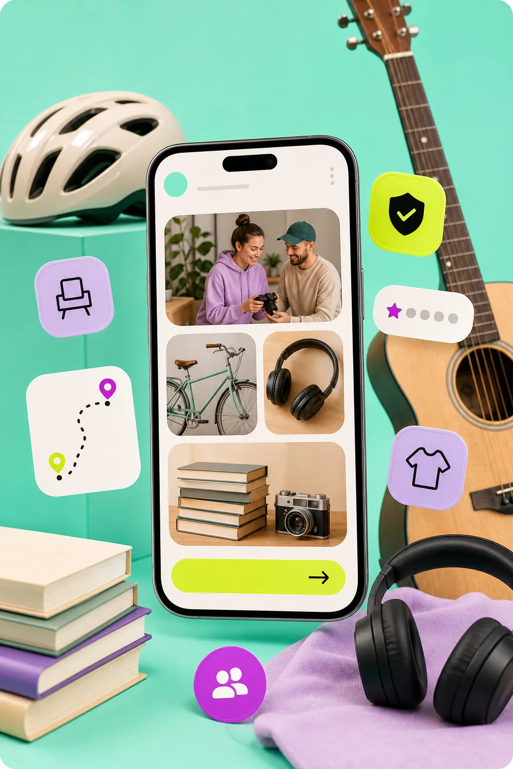 The HULA app on a phone, surrounded by items to swap