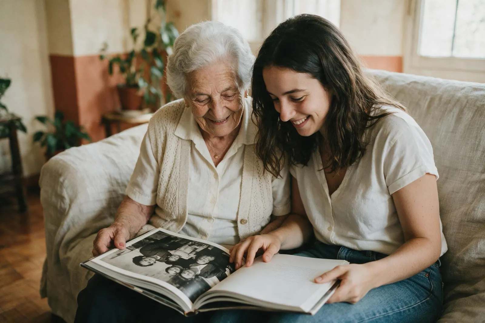 Una abuela y su nieta miran juntas un libro de fotos
