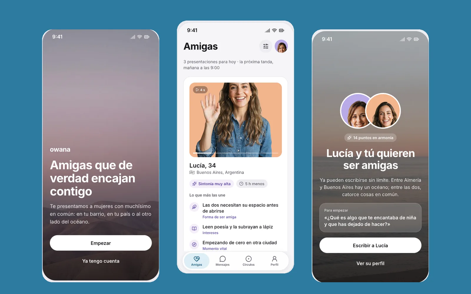 Pantallas de Amigas de Owana: las presentaciones del día, cada una con su foto viva y sus puntos en armonía