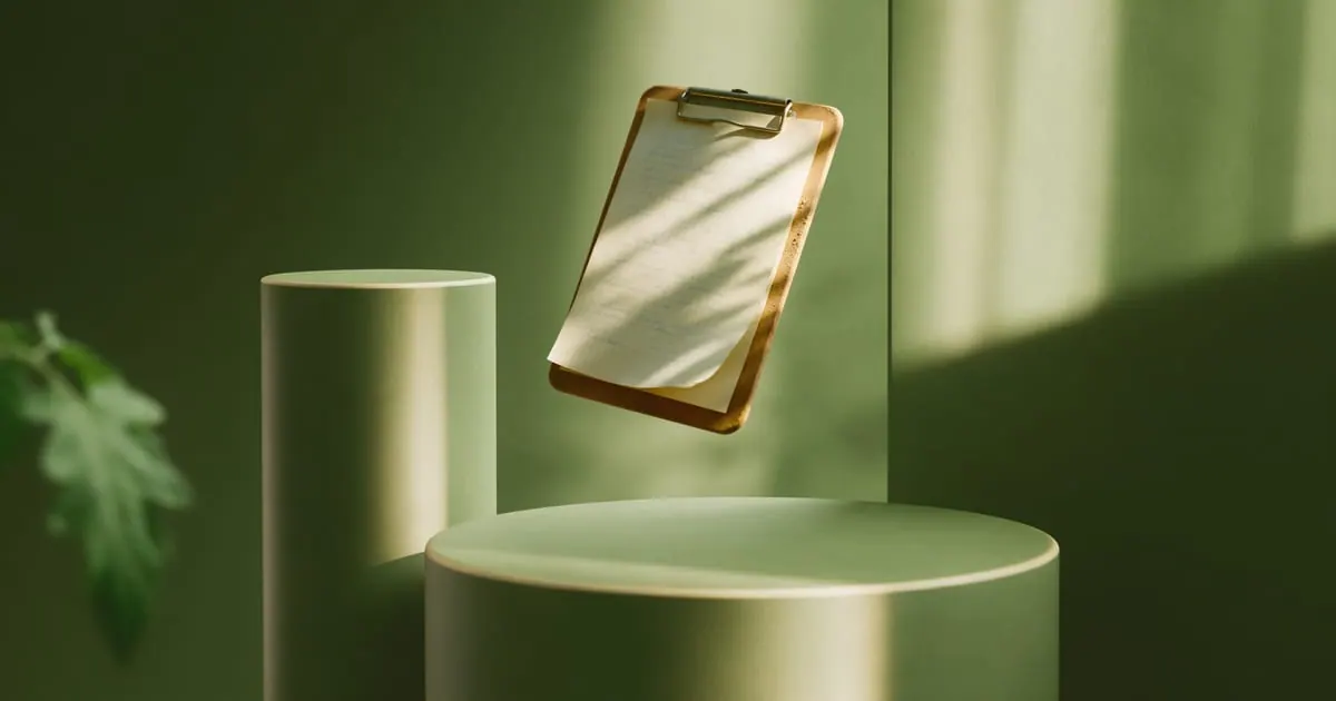 A clipboard of papers floating above a green pedestal